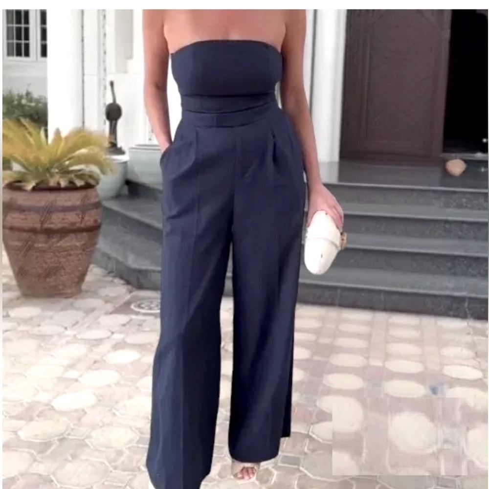 Zara Strapless Linen Blend Jumpsuit Straight Neck Wide Leg Navy 
Size‎ Large - Picture 2 of 8